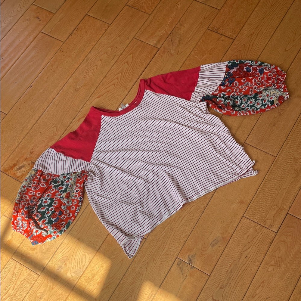 Umgee Red and White Striped Blouse with Floral Sleeves